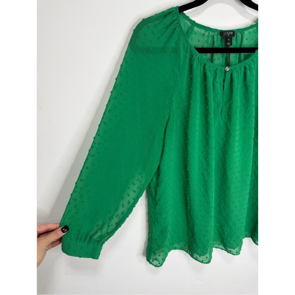 J Crew Factory Kelly Green Swiss Dot Sheer Blouse Keyhole Peasant Top Medium M - Picture 7 of 9